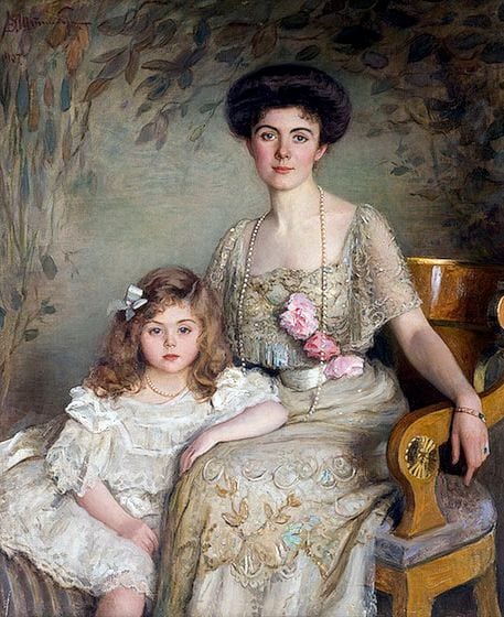 Portrait of A.V.Balashova and her daughter, 1907, painting by Victor Stember