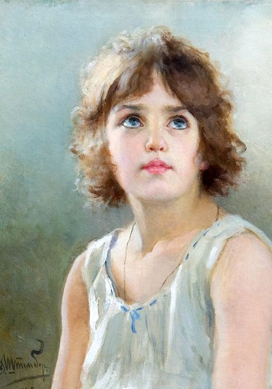 Portrait of a Girl, Possibly Daughter Ksenia, painting by Victor Stember