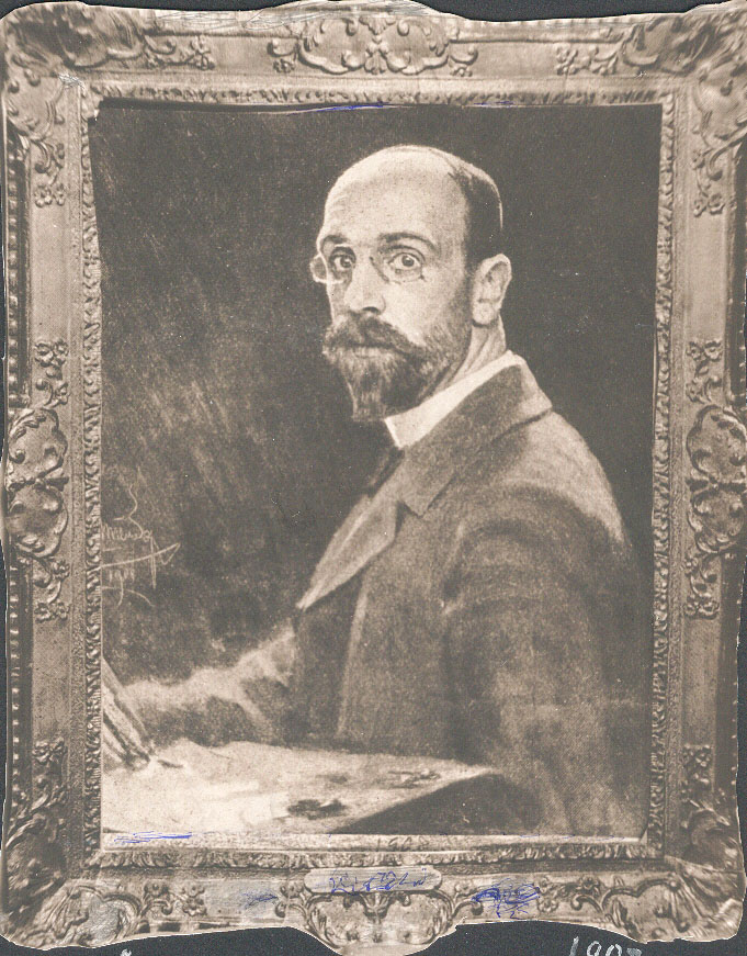 Victor Stember, Self Portrait, 1907: archival photograph of the framed painting, the artist with palette turning toward the viewer