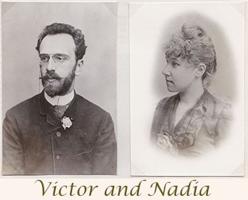 Victor Stember as a young man with glasses and a beard, and Nadia, his future wife, in profile, in paired studio photographs