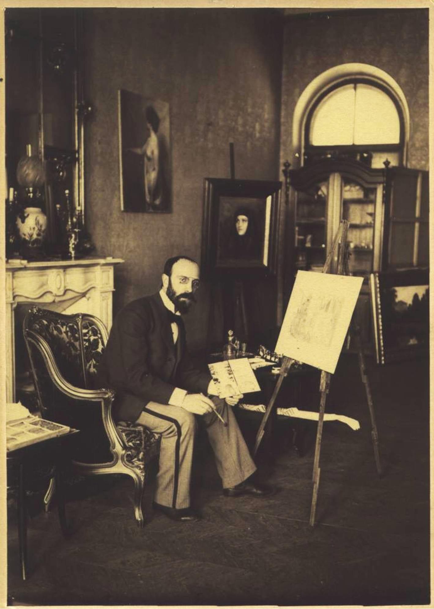 'A little corner of his Studio in Moscow 1894' was written in Russian on the back of this photograph